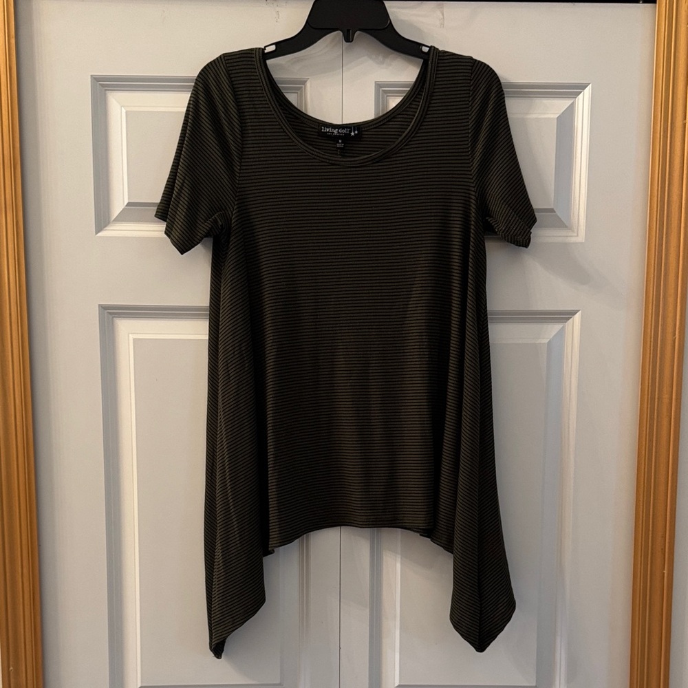 Black and Olive Green Striped Handkerchief Hem Top